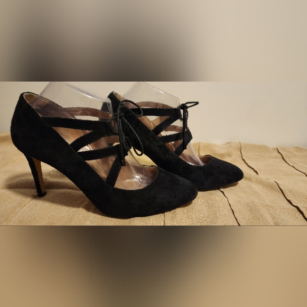 Wendy Williams Black Suede Lace-Up Heels - Size 9.5